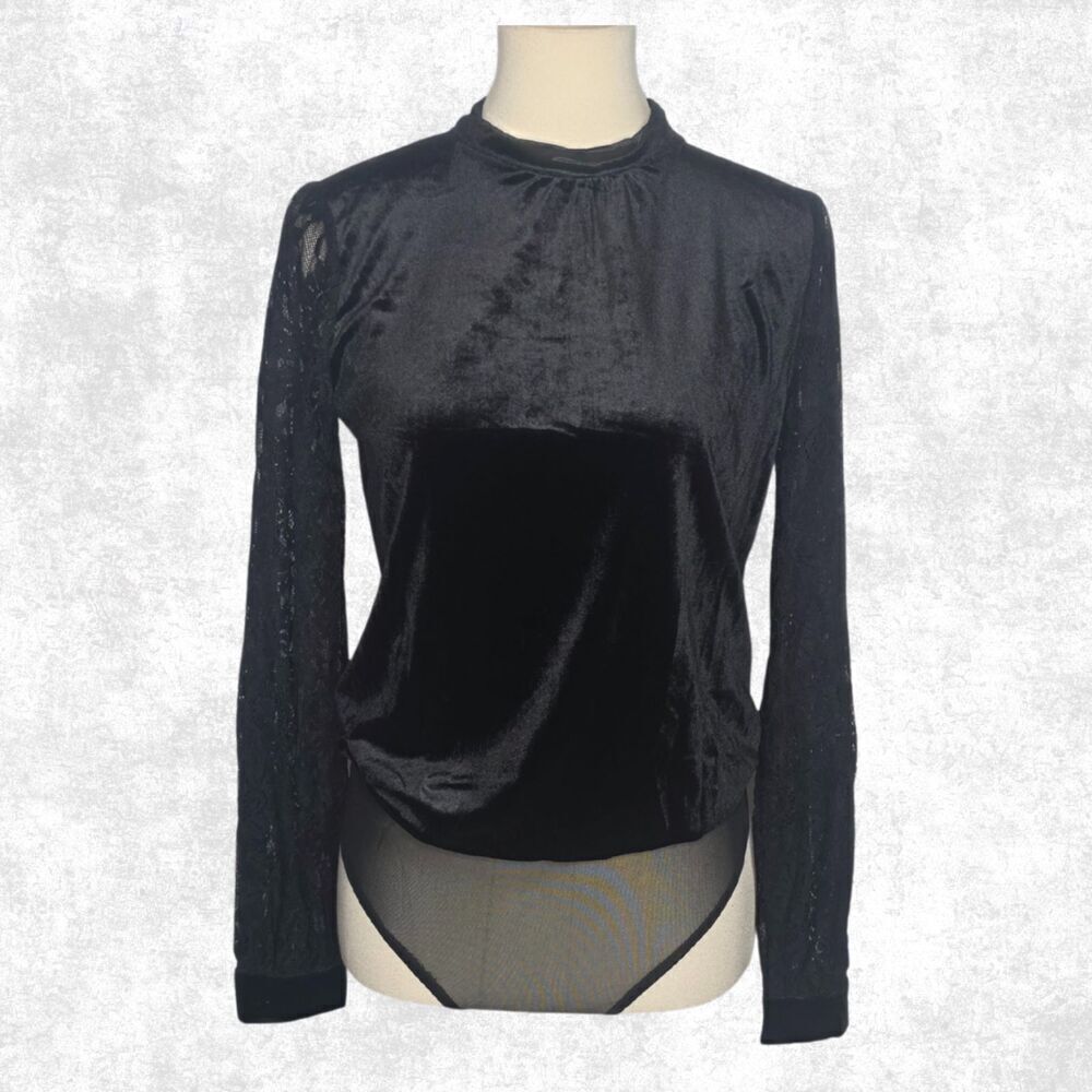 Jealous Tomato Black Velvet Lace Sleeve Bodysuit – Goth Glam Keyhole Back S